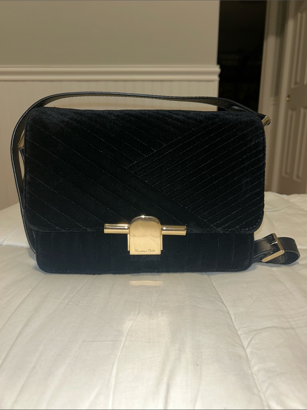 Massimo Dutti Black Velvet Messenger Bag w Diagonal Striped Quilting-Gently Used